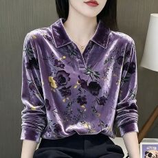 批发金丝绒长袖<b class='q'>T</b><b class='q'>恤</b>女春秋妈妈装大码宽松翻领减龄打底衫显瘦上衣印花