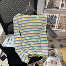 批发实拍 32支纯棉木耳边条纹长袖T恤<b class='q'>女装</b>内搭打底衫秋衣外穿春秋