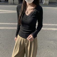 批发实拍 280克慕斯羊绒 v领蕾丝<b class='q'>打底衫</b>女春秋冬<b class='q'>加绒</b>长袖T恤德绒