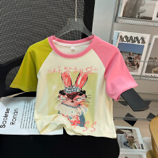 批发实拍【210克纯棉螺纹】正肩<b class='q'>T</b><b class='q'>恤</b>女短袖夏短款上衣修身插肩撞色