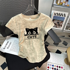 批发实拍210克40支1*1纯棉螺纹扎染短袖<b class='q'>t</b><b class='q'>恤</b>女夏收腰有光板空白版