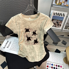 批发实拍210克40支1*1纯棉螺纹扎染短袖<b class='q'>t</b><b class='q'>恤</b>女夏收腰有光板空白版