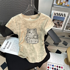 批发实拍210克40支1*1纯棉螺纹扎染短袖<b class='q'>t</b><b class='q'>恤</b>女夏收腰有光板空白版