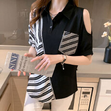 批发官图 烫钻polo领条纹雪纺<b class='q'>衬衫</b>短袖<b class='q'>T</b><b class='q'>恤</b>女<b class='q'>夏季</b>宽松露肩上衣<b class='q'>衬衣</b>