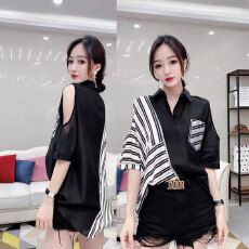 批发官图 烫钻polo领条纹雪纺<b class='q'>衬衫</b>短袖<b class='q'>T</b><b class='q'>恤</b>女<b class='q'>夏季</b>宽松露肩上衣<b class='q'>衬衣</b>