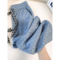 批发官图冰丝螺纹垂坠感阔腿裤女士宽松薄款<b class='q'>棋盘</b><b class='q'>格</b>拖地裤休闲裤子