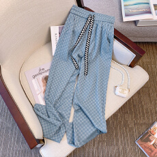 批发官图冰丝螺纹垂坠感阔腿裤女士宽松薄款<b class='q'>棋盘</b><b class='q'>格</b>拖地裤休闲裤子