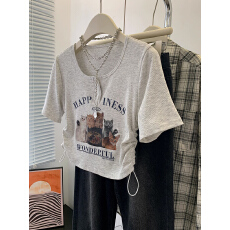 批发官图【260克莫代尔螺纹】正肩短袖<b class='q'>T</b><b class='q'>恤</b>女短款夏季上衣抽绳收腰