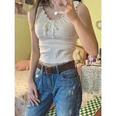 批发官图木耳花边系带T恤女短袖无袖上衣小<b class='q'>吊带</b><b class='q'>背心</b>夏季内搭外穿