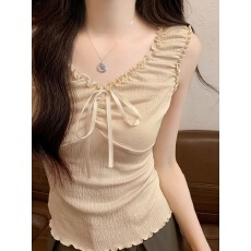批发官图木耳花边系带T恤女短袖无袖上衣小<b class='q'>吊带</b><b class='q'>背心</b>夏季内搭外穿