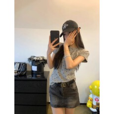 官图210克纯棉螺纹 波点短袖T恤女正肩短款夏季上衣收腰