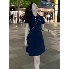 批发官图 纯棉螺纹POLO衫领<b class='q'>连衣裙</b>女<b class='q'>中</b>长款短袖T恤夏季收腰上衣