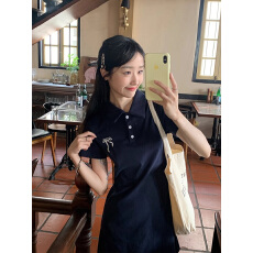 批发官图 纯棉螺纹POLO衫领<b class='q'>连衣裙</b>女<b class='q'>中</b>长款短袖T恤夏季收腰上衣