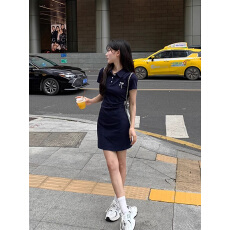 批发官图 纯棉螺纹POLO衫领<b class='q'>连衣裙</b>女<b class='q'>中</b>长款短袖T恤夏季收腰上衣