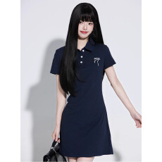 批发官图 纯棉螺纹POLO衫领<b class='q'>连衣裙</b>女<b class='q'>中</b>长款短袖T恤夏季收腰上衣