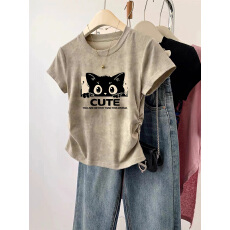 批发官图210克40支1*1纯棉螺纹扎染短袖<b class='q'>t</b><b class='q'>恤</b>女夏收腰有光板空白版