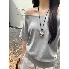 官图210克40支1*1纯棉螺纹斜肩一字肩短袖T恤露肩上衣女夏季