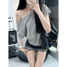 官图210克40支1*1纯棉螺纹斜肩一字肩短袖T恤露肩上衣女夏季