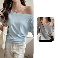 官图210克40支1*1纯棉螺纹斜肩一字肩短袖T恤露肩上衣女夏季