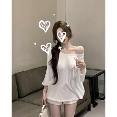 批发官图 原版天丝羊绒蕾丝短袖T恤夏季空调防晒罩衫<b class='q'>宽松</b>蝙蝠袖