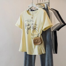 批发官图纯棉字母大码女<b class='q'>装</b>印花收腰不规则短袖显瘦T恤正肩上衣夏