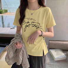 批发官图纯棉字母大码女<b class='q'>装</b>印花收腰不规则短袖显瘦T恤正肩上衣夏