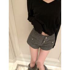 批发titi小姐姐【高频搭配】休闲裤女秋冬50%羊毛人字纹呢料中腰<b class='q'>短裤</b>