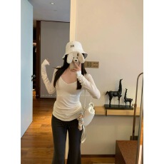 批发e go studio 高捻棉<b class='q'>v领</b>纸片人显瘦防晒长袖T修身夏季休闲风上衣女