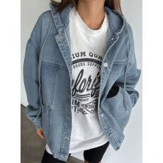批发跨境欧美早春新款时尚牛仔外套女 女式复古休闲连帽牛仔夹克女