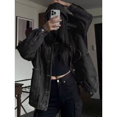 批发跨境欧美早春新款时尚黑色牛仔外套女 女式复古休闲连帽牛仔夹克