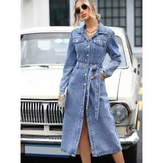 批发<b class='q'>欧美</b>女士收腰开衫单排扣春秋新款优雅时尚翻领长袖弹力牛仔连衣裙