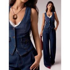 批发欧美<b class='q'>夏</b>季新款前卫修身女士性感上衣口袋深蓝色水洗弹力牛仔背心