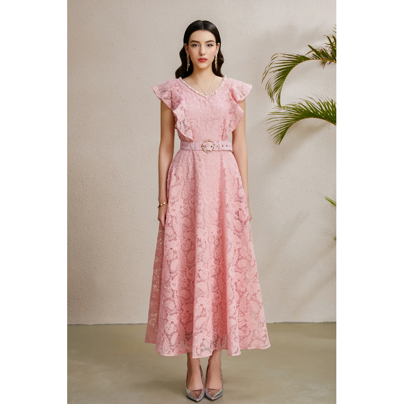 RY1242# 度假V领刺钉珠阔摆飞袖长款连衣裙