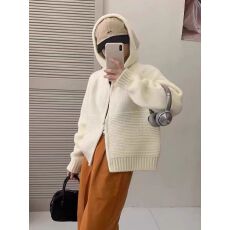批发双拉链连帽毛衣开衫外套女秋冬软软宽松慵懒加厚短款针织上衣