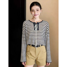 批发条纹针织防晒罩衫长袖t恤上衣