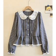 批发法式甜美蕾丝花边<b class='q'>娃娃领</b>格子<b class='q'>衬衫</b>2026新款洋气小衫长袖上衣