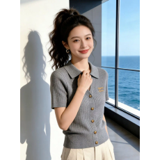 批发韩系轻奢翻领短袖<b class='q'>针织衫</b>夏季新款修身显瘦百搭上衣