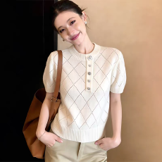 批发菱格纹短袖针织衫高级感显瘦上衣<b class='q'>圆领</b>休闲风上衣