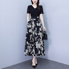 批发2026夏季新款雪纺<b class='q'>连衣裙</b>长款印花大码胖mm收腰显瘦遮肚过膝长裙子