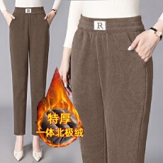 批发<b class='q'>中老年</b>加绒加厚遮肉显瘦哈伦裤子女士冬季设计高腰休闲保暖直筒裤