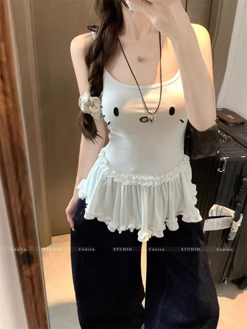 MY11265# =纯欲辣妹刺绣猫咪荷叶边吊带背心女收腰显瘦内搭外穿上衣夏...