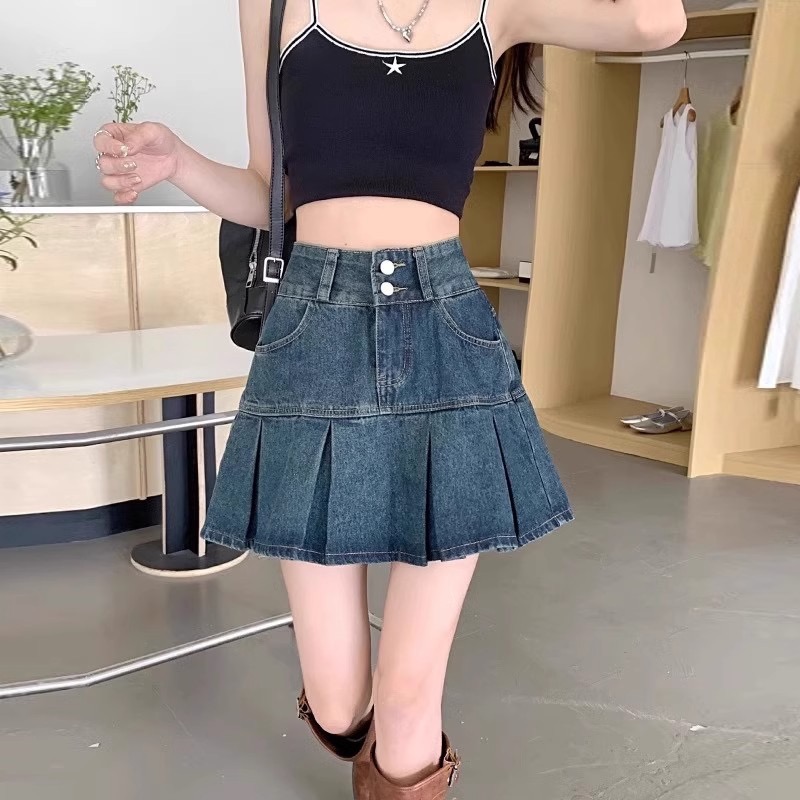 MY11264# 高腰百褶牛仔半身裙女夏季新款遮肚显瘦梨形身材防走光a字短...