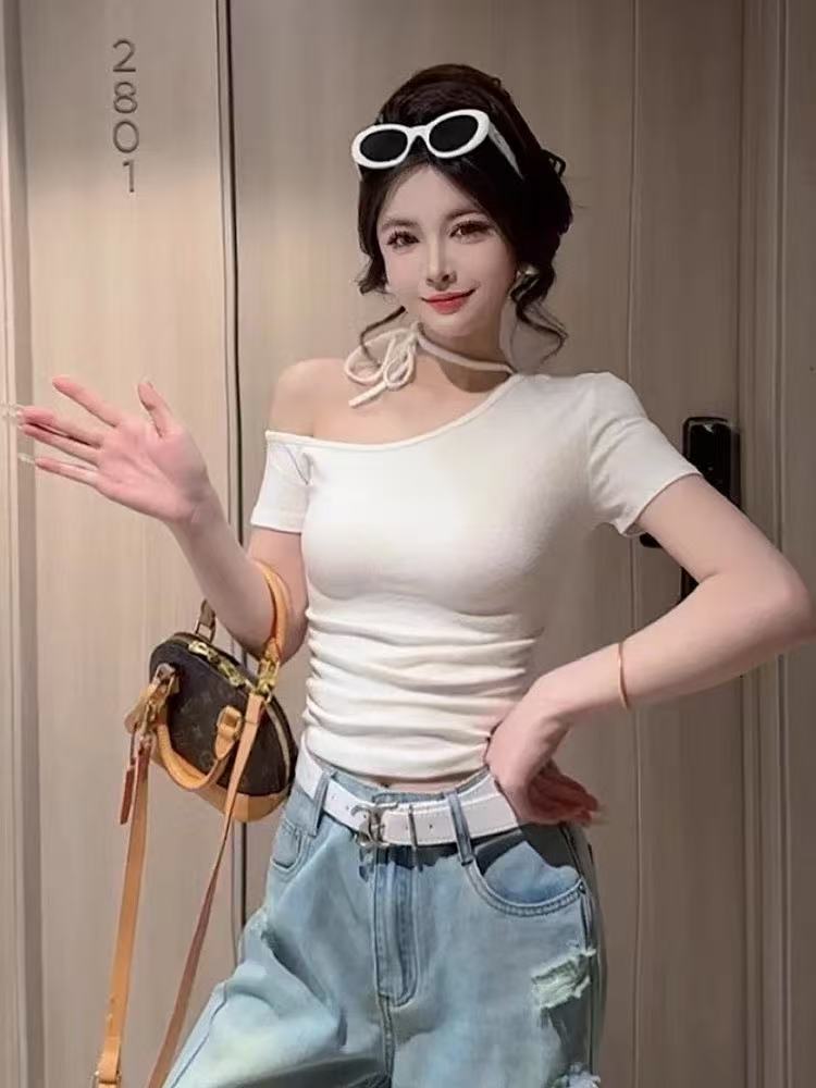 MY11257# 斜肩T恤夏季韩版设计感绑绳小众修身简约上衣服女裝貨源服裝...