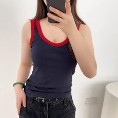 批发藏青色拼色吊带<b class='q'>背心女</b>带胸垫修身显瘦小众洋气打底上衣