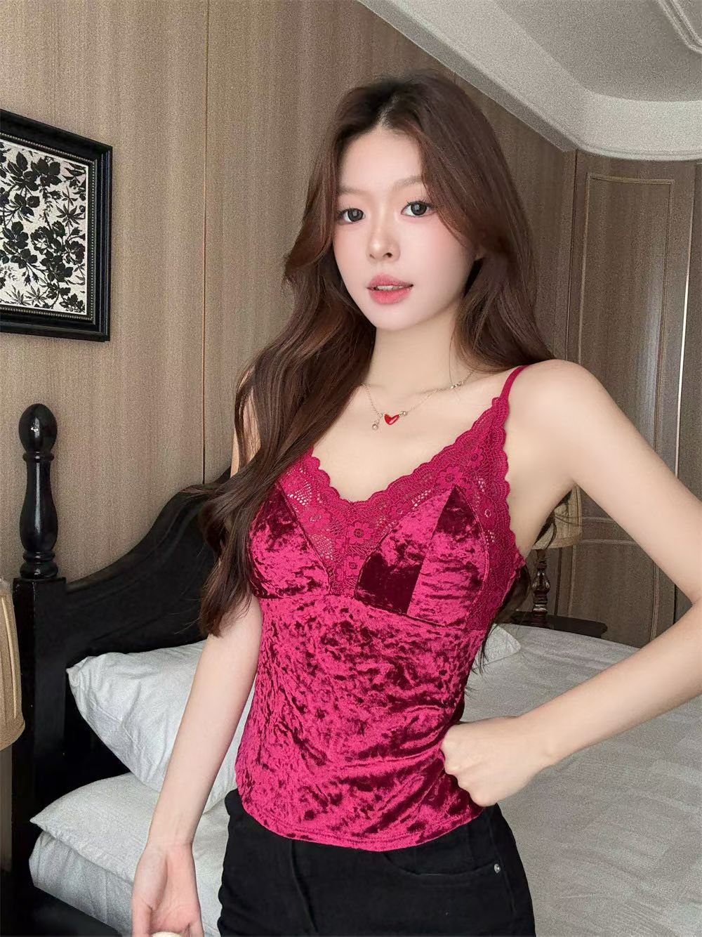 MY14094# 辣妹新款纯欲风甜美小性感时尚露背金丝绒蕾丝百搭吊带背心女...