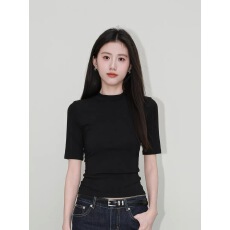 批发黑色半高圆领中<b class='q'>袖</b><b class='q'>T</b><b class='q'>恤</b>女2025秋新款内搭打底衫五分<b class='q'>袖</b>上衣