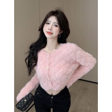 批发粉色针织<b class='q'>开衫</b>女秋冬季内搭穿搭海马毛毛衣多巴胺高腰短款外套上衣