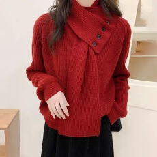 批发新年氛围感软糯长袖毛衣女秋季2025新款休闲宽松可拆卸围巾针织衫