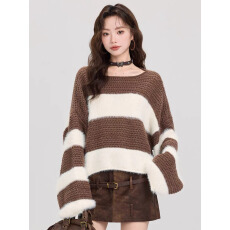 批发2025新款女装短款条纹毛衣女秋冬复古撞色宽松慵懒风套头针织上衣