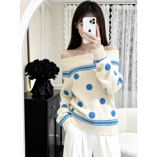 批发慵懒风一字肩毛衣女秋冬2025新款宽松显瘦韩系波点露肩长袖针织衫